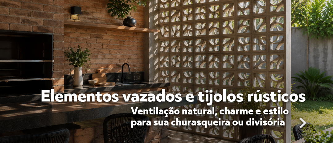 Área gourmet com painel decorativo de elementos vazados cobogó e bancada de churrasqueira em tijolos maciços aparentes.